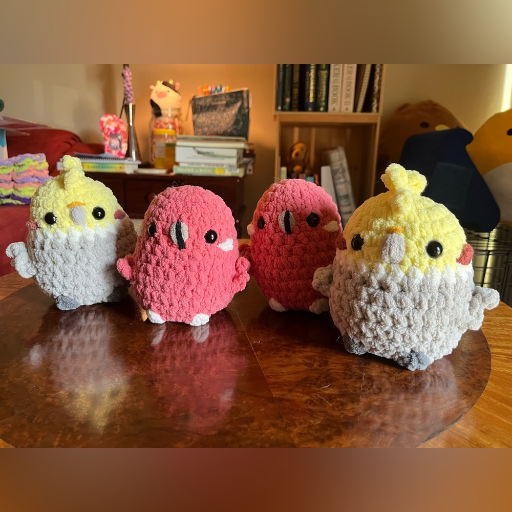 Set of 4 handmade crochet birds - two cockatiels two flamingos ages 3+